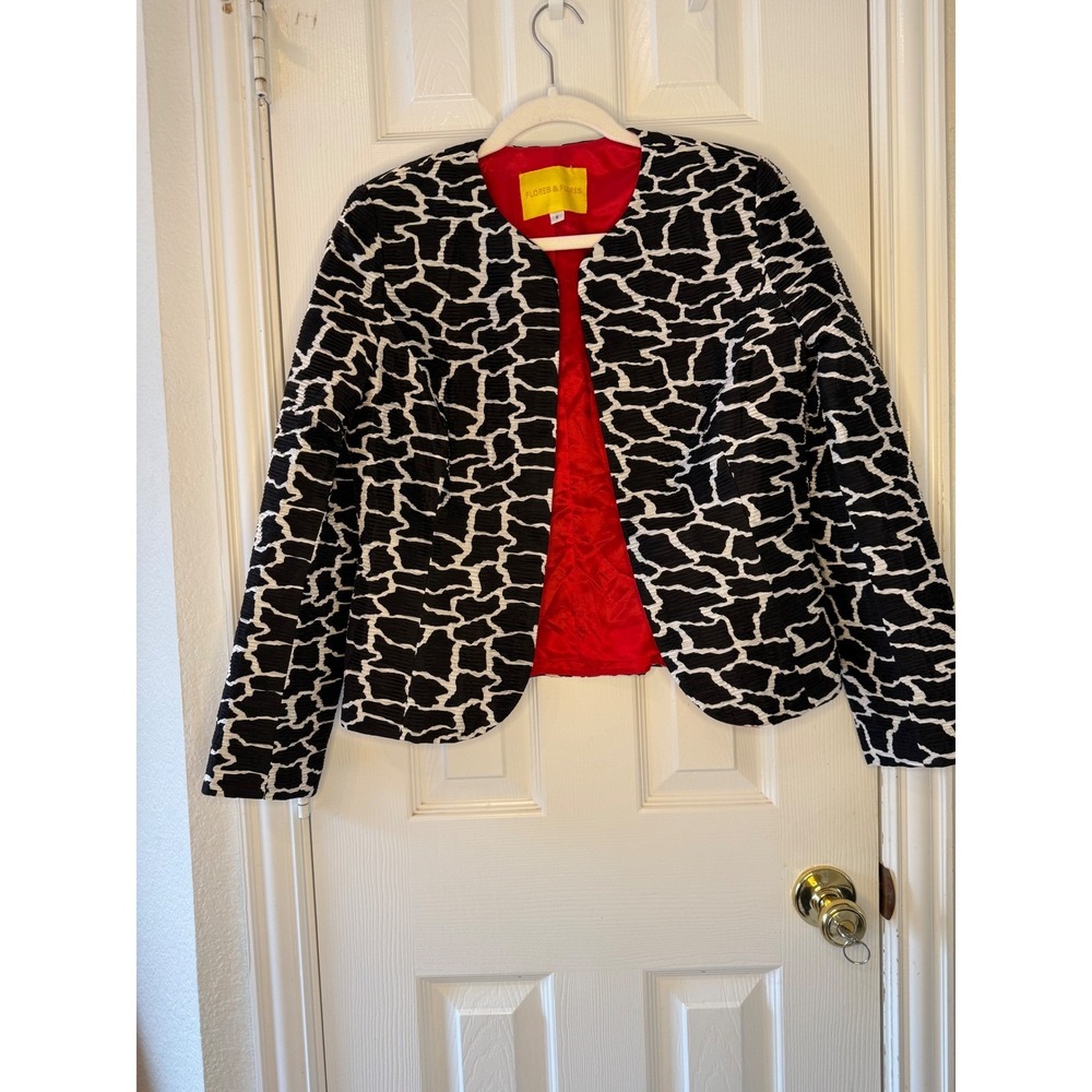 Flores & Flores Silk Blazer Jacket Black White‎ Giraffe Print Red Lined 8 - Picture 2 of 7